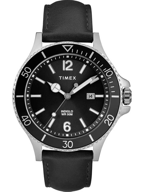 timex black leather watch.